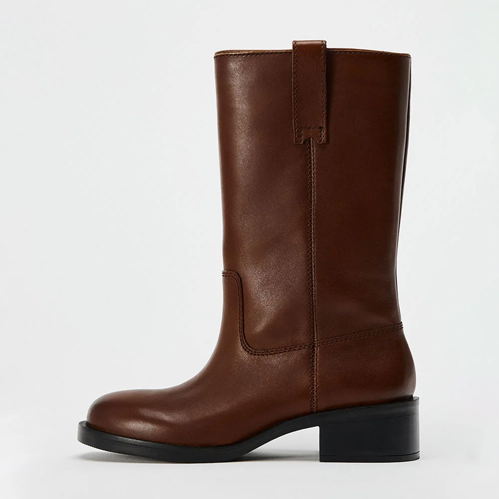 Classic Brown Round Toe Chunky Heel Pull Strap Wide Mid Calf Boots