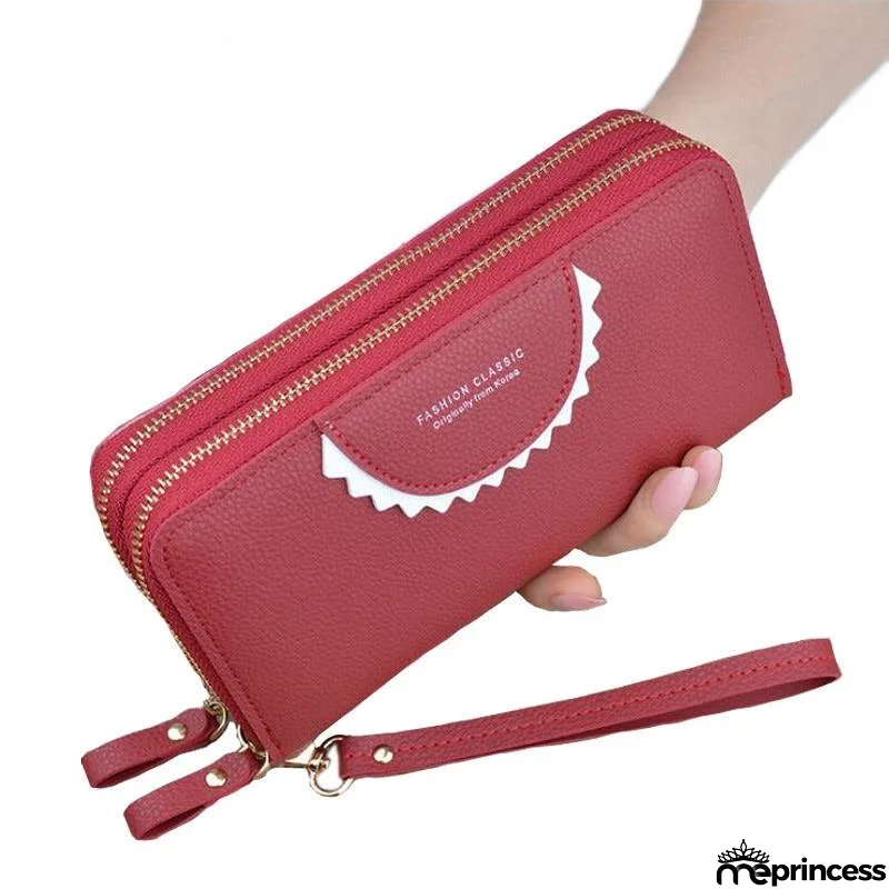 Women's Leather High Capacity Double Zipper With Wristband Purses