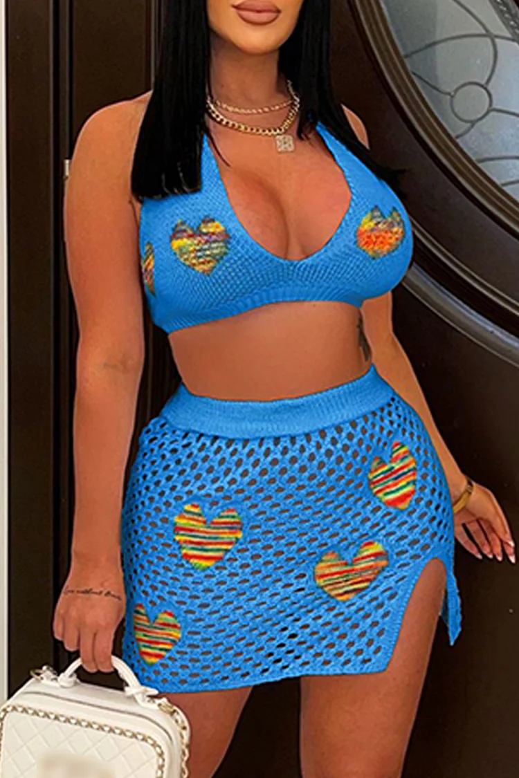 Blue Sexy Patchwork Backless Halter Sleeveless Two Pieces