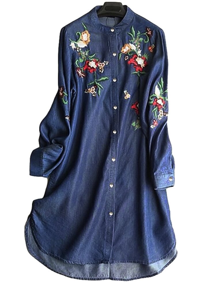 Embroidered Stand Collar Irregular Long Sleeve Vintage Blouse P1545490