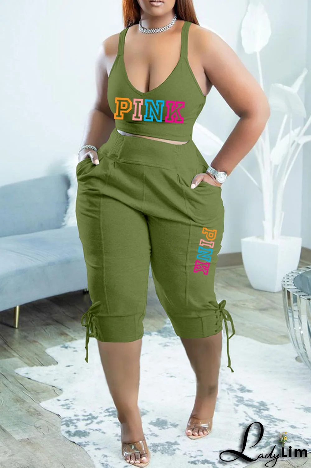 Orange Sexy Casual Letter Print Backless Spaghetti Strap Sleeveless Two Pieces