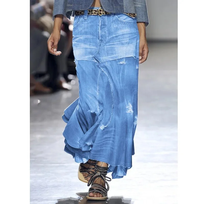 Qjong Jeans Women Long Skirt KALENMOS Stretch Vintage Loose Slim Fit Blue Club Streetwear Cotton Sexy Harajuku Skirts