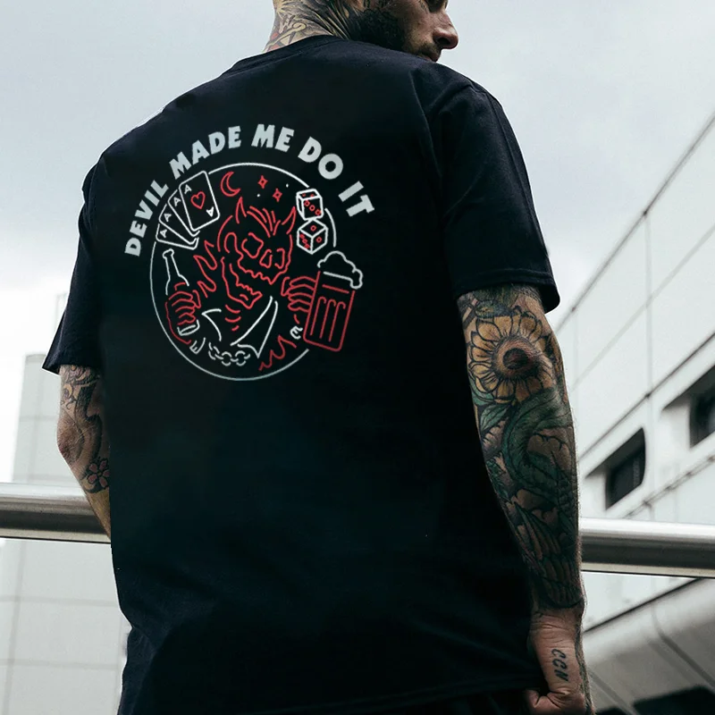 Devil Made Me Do It Horned Skull Printed Men's T-shirt -  