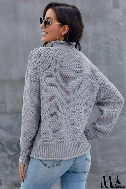 MidiSono - New Gray Chunky Batwing Long Sleeve Turtleneck Sweater