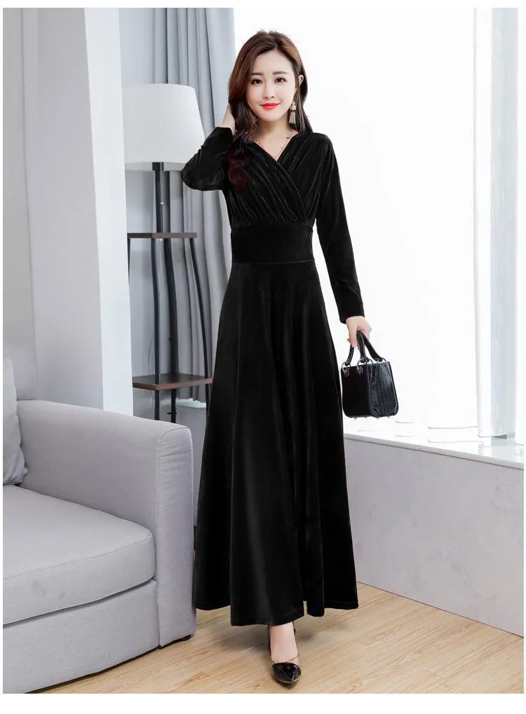 V Neck Plain Slim Defined Waist Velvet Dress