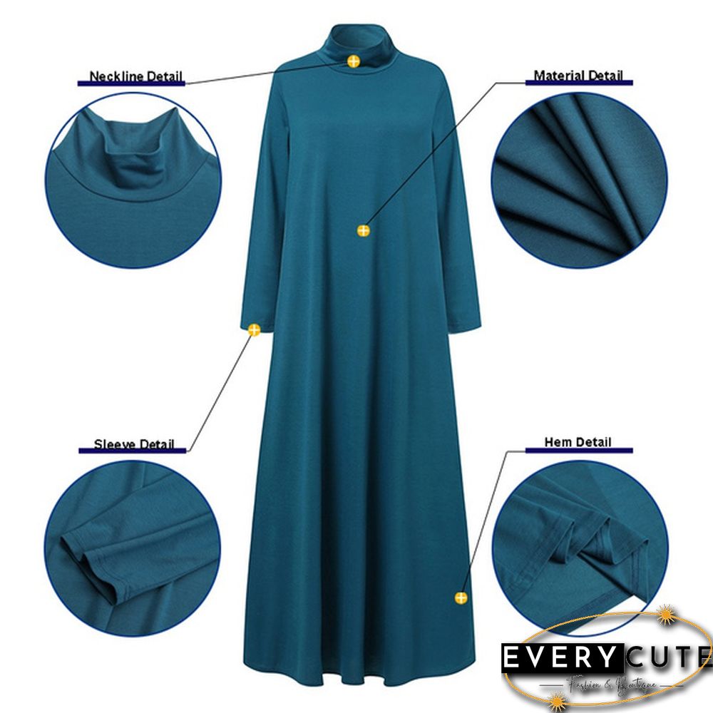 Women Autumn Elegant Plain Kaftan Long Shirt Dress Turtleneck Loose Full Sleeve Midi Dress Plus