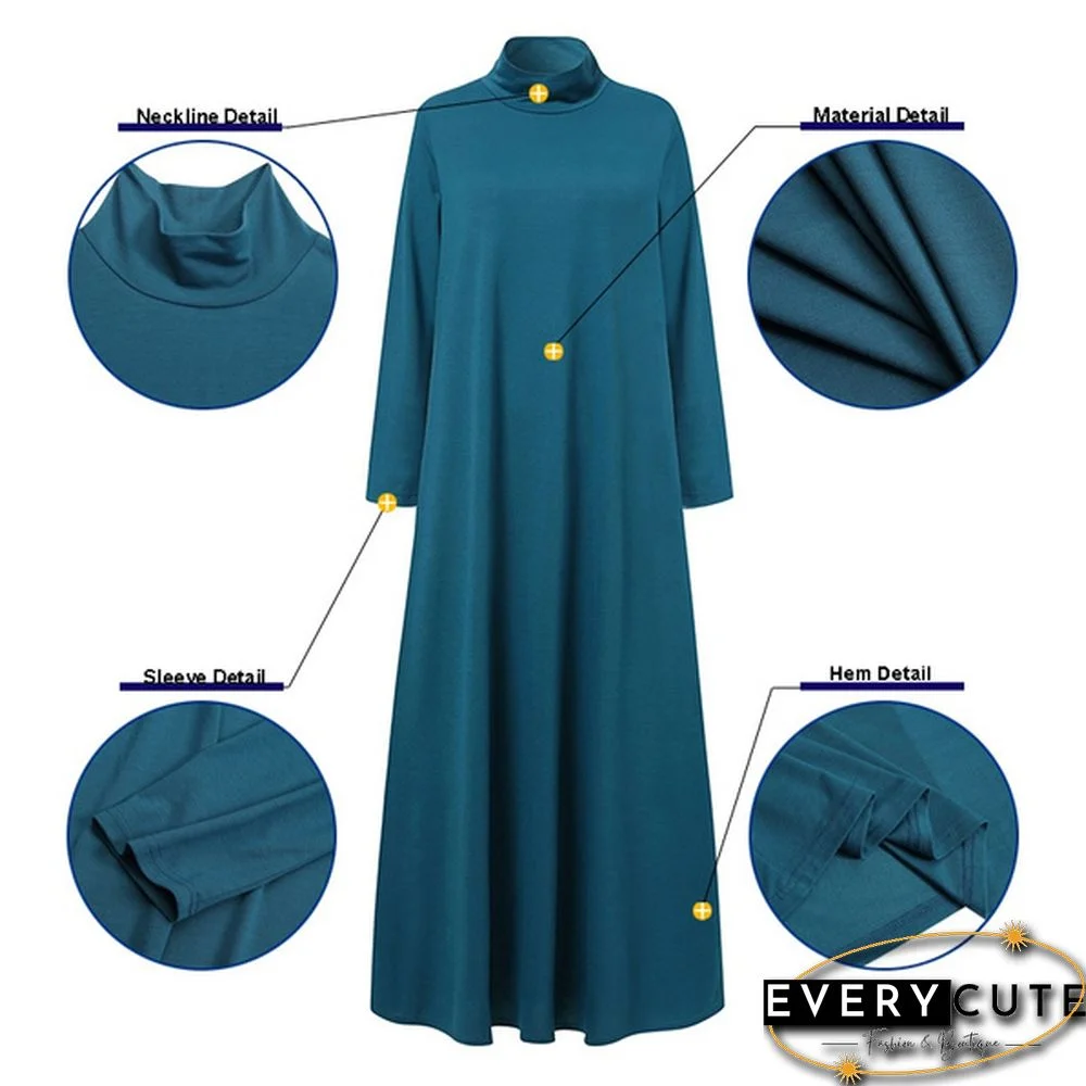 Women Autumn Elegant Plain Kaftan Long Shirt Dress Turtleneck Loose Full Sleeve Midi Dress Plus