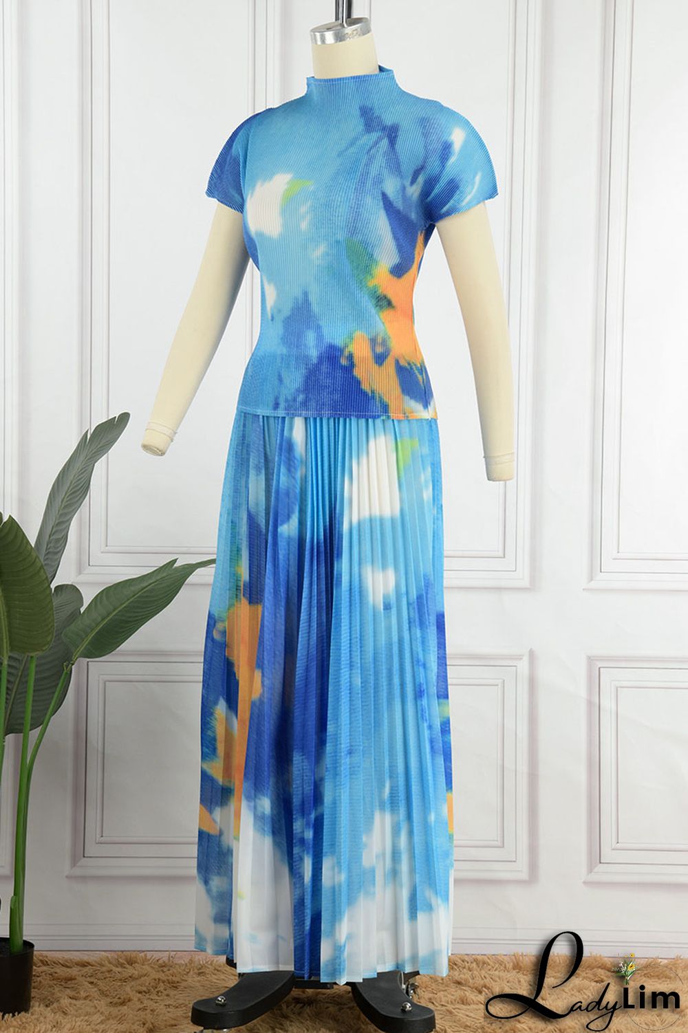 Apricot Casual Elegant Gradual Change Print Patchwork Fold O Neck Short Sleeve Two Pieces