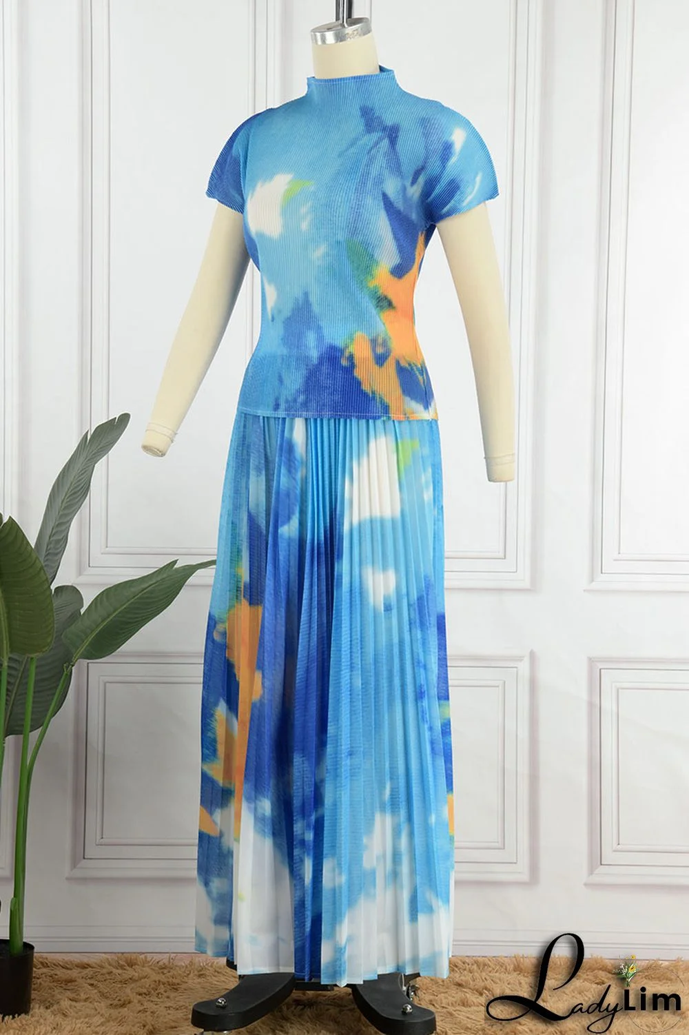 Apricot Casual Elegant Gradual Change Print Patchwork Fold O Neck Short Sleeve Two Pieces