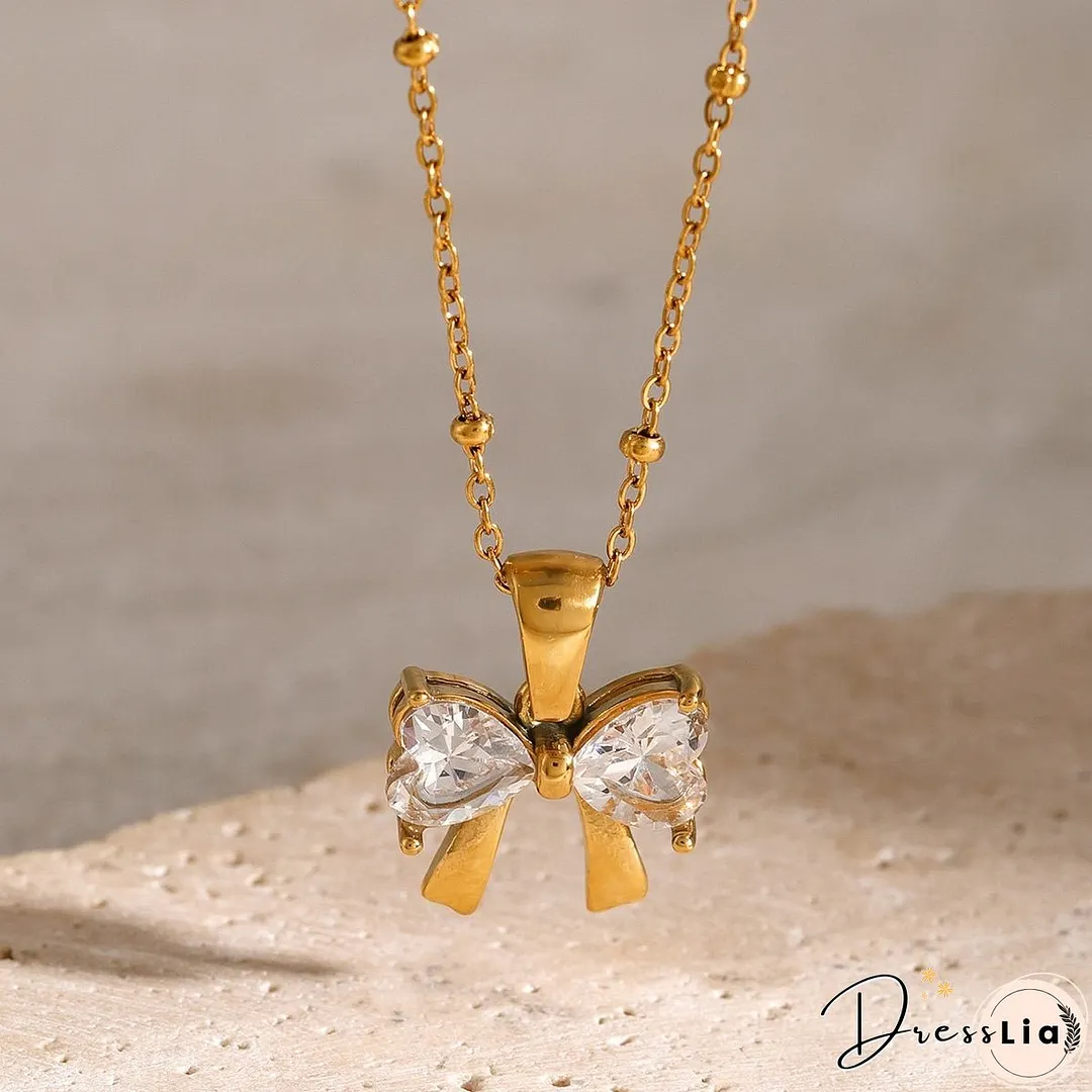Stainless Steel Inlaid Zircon Bow Necklace
