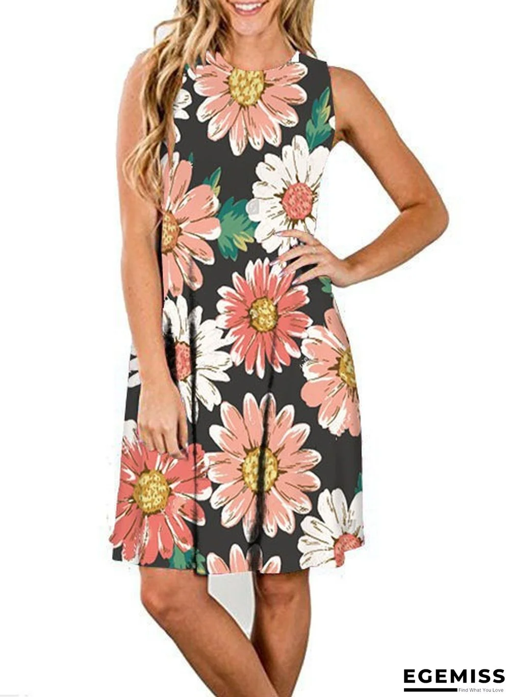 Dress Floral Print Sleeveless Round Neck Loose Dress for Women | EGEMISS