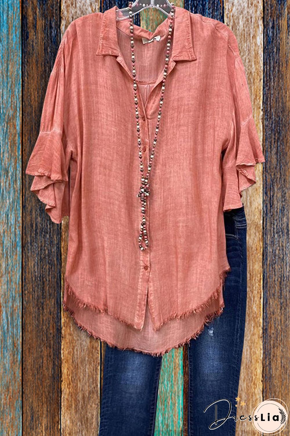 V-neck Button Ruffle Blouse