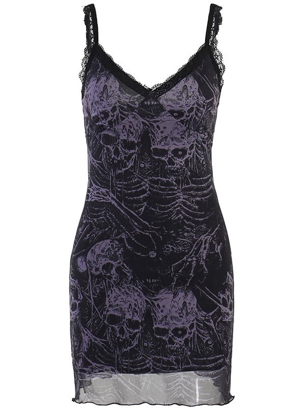 Goth Skull Graphic Printed Color Block Spaghetti Straps Bodycon Dress