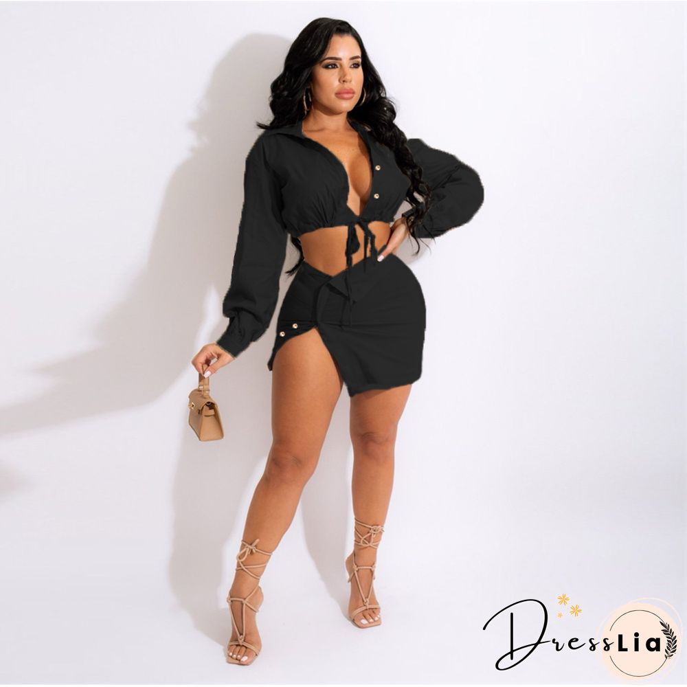 Lace Up Long Sleeve Shirt Crop Top Mini Skirt Set
