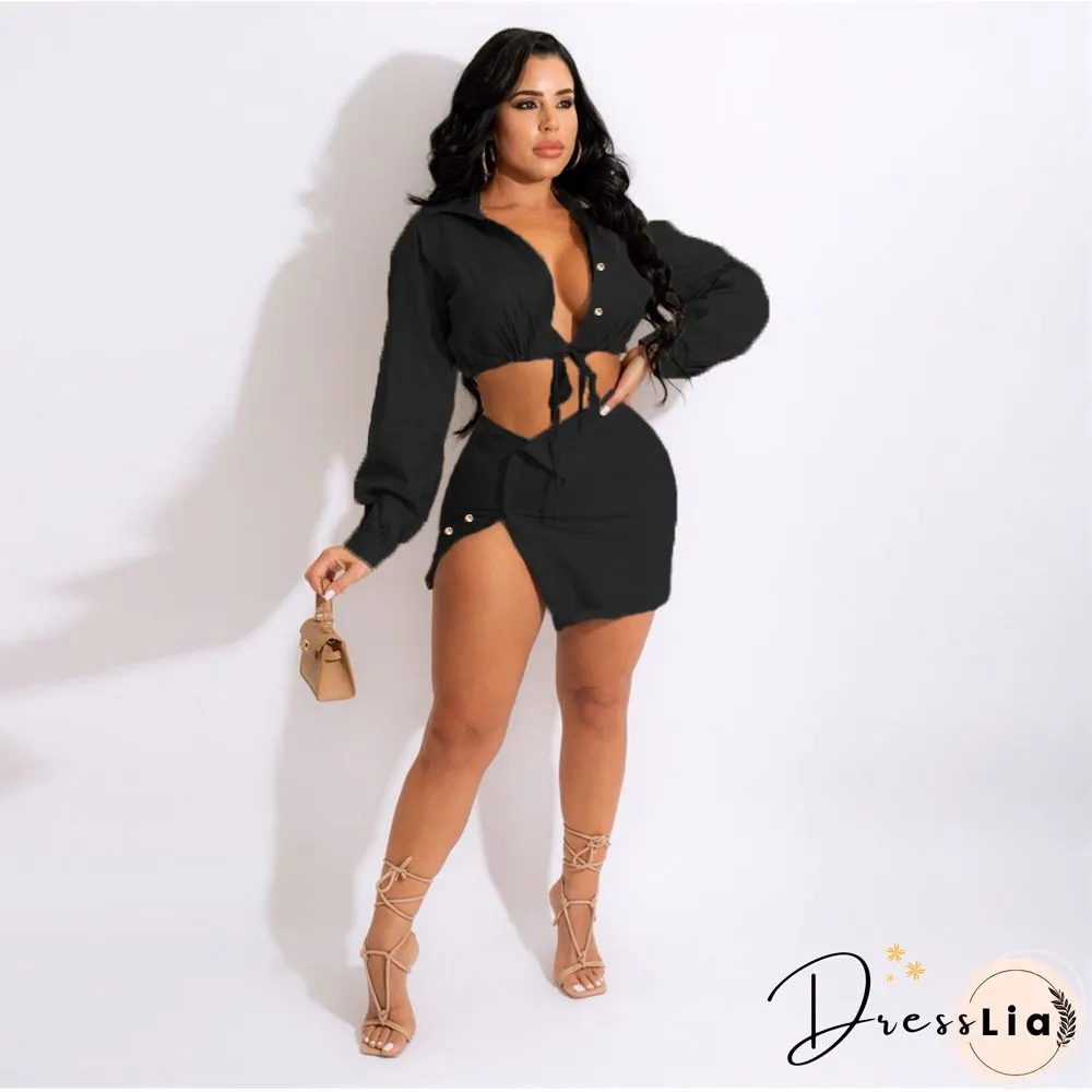 Lace Up Long Sleeve Shirt Crop Top Mini Skirt Set