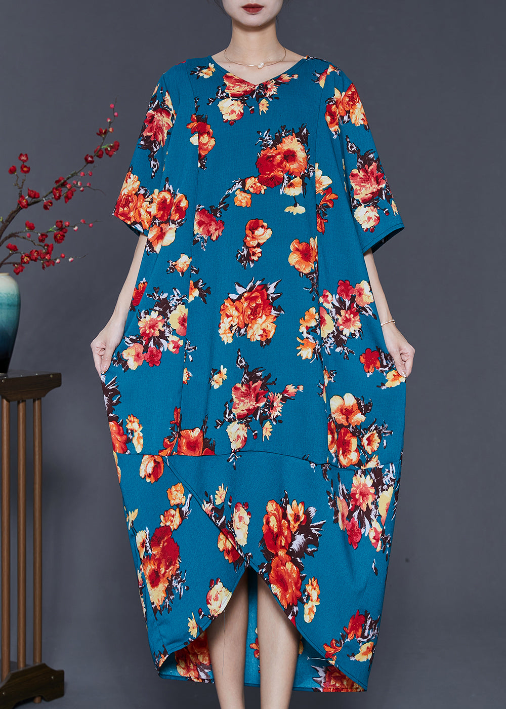 VCSHOES Blue Oversized Flower Front Open Cotton Long Dress Summer