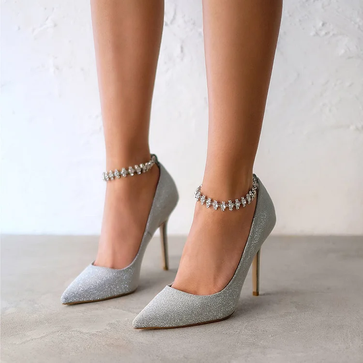 Silver Glitter Pumps Pointy Toe Rhinestone Ankle Strap Heels |FSJ Shoes