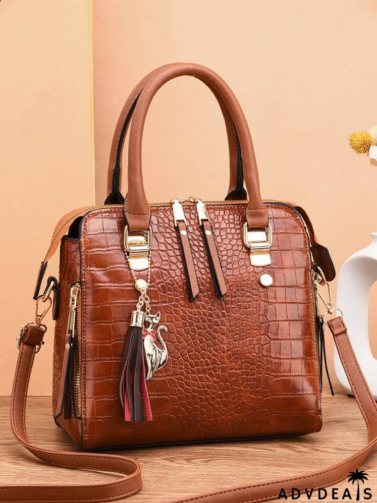 Crocodile Embossed Cat & Tassel Decor Square Bag