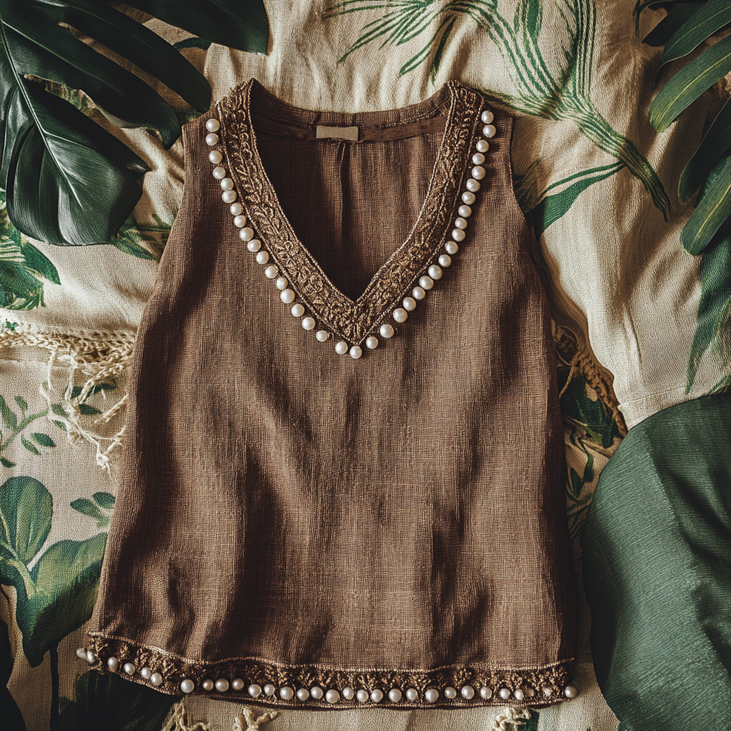  Embellished Pearl-Trimmed V-Neck Tank Top for Summer Elegance