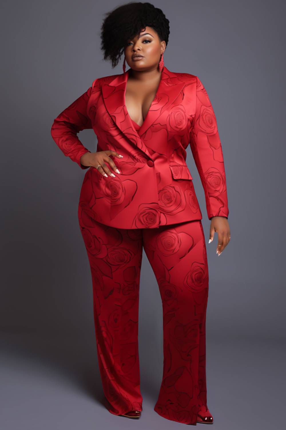 Design Plus Size Daily Pant Suits Casual Red Floral Spring Summer Turndown Collar Long Sleeve Satin Two Piece Suit Pant Sets [Pre-Order]