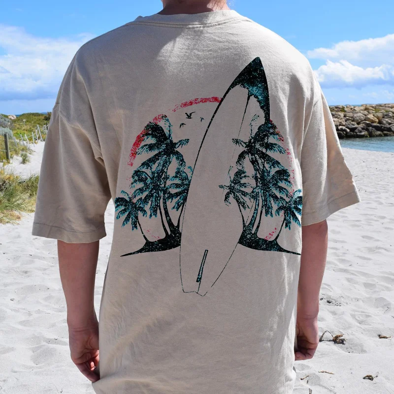 Men Casual Beach And Surfboard Print T-shirt