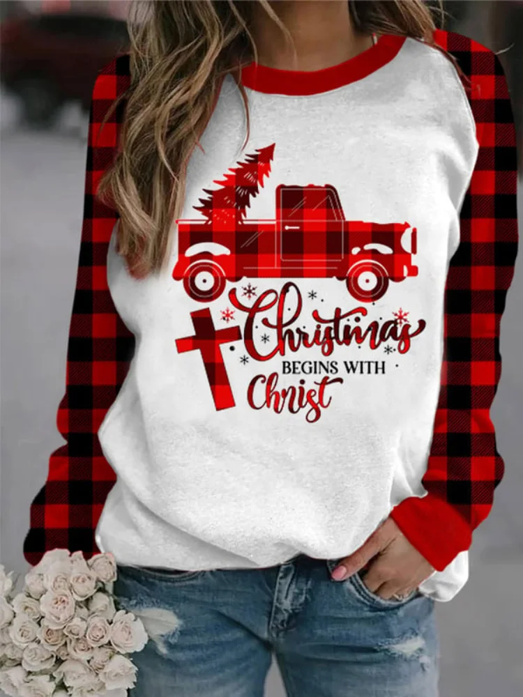 Vefave Christmas Begins With Christ Print Sweatshirt