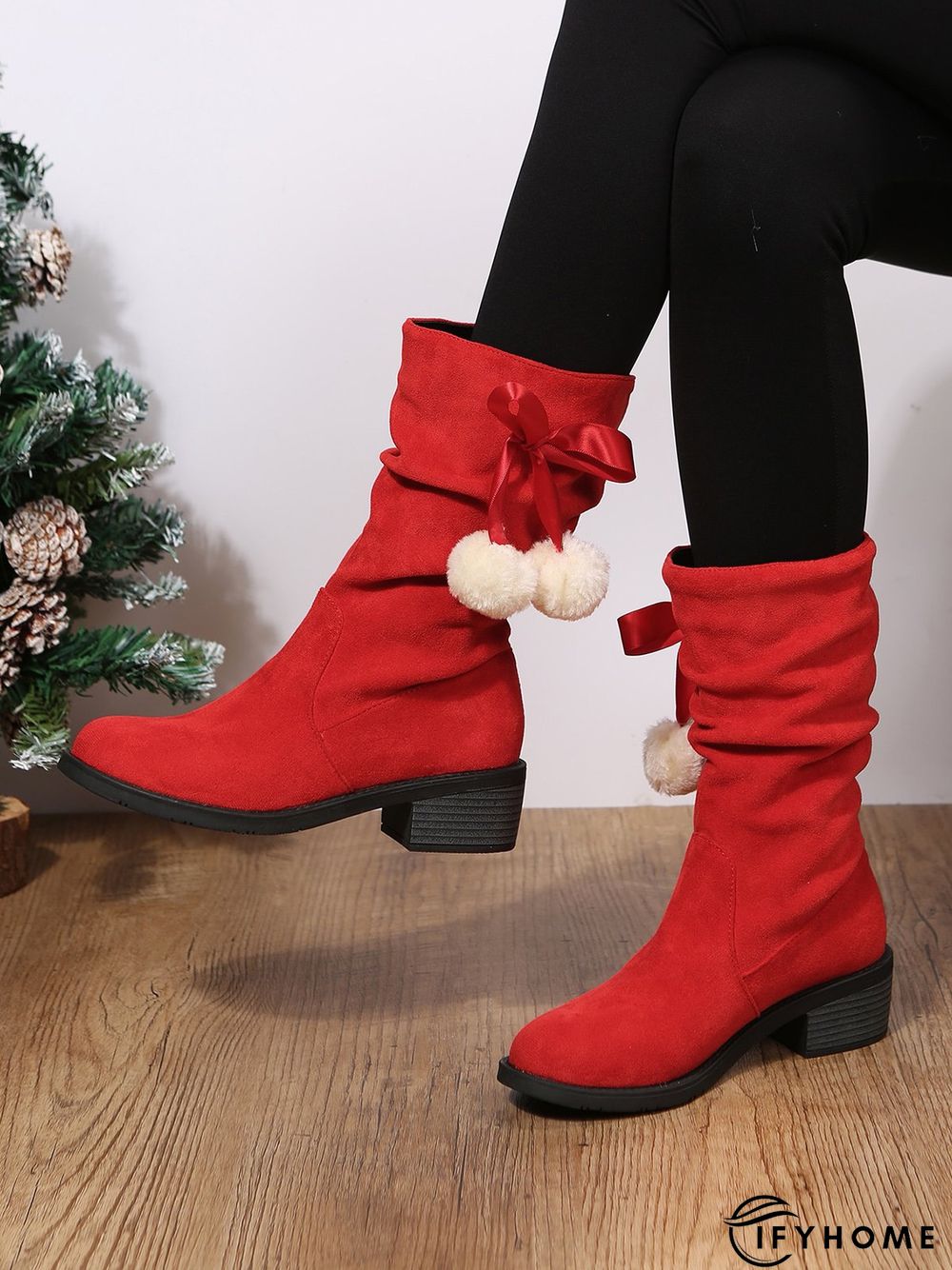 Christmas Pompom Decor Faux Suede Slouchy Boots | IFYHOME