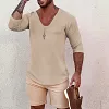 Men's Deep V Neck Breathable Linen Cotton Mid Sleeve T-Shirt by Inlyline