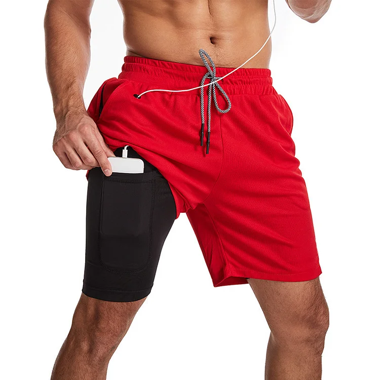 PASUXI Men's 2-in-1 Grid Quick-Dry Running Shorts Sports Fitness Jogging Shorts huanwei