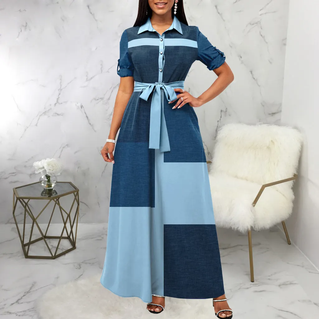 Women Color Block Patchwork Shirt Maxi Dress