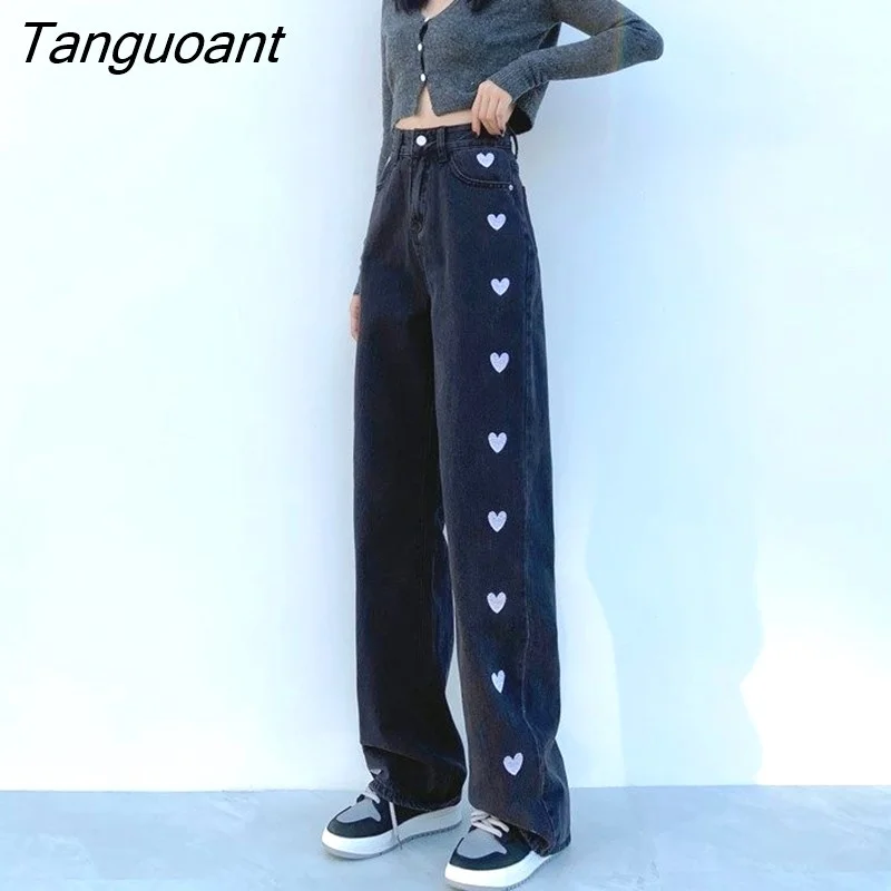 Tanguoant Embroidery Vintage Jeans Women High Waist Wide Leg Denim Pants Blue Streetwear Harajuku Baggy Gothic Black Trousers Female