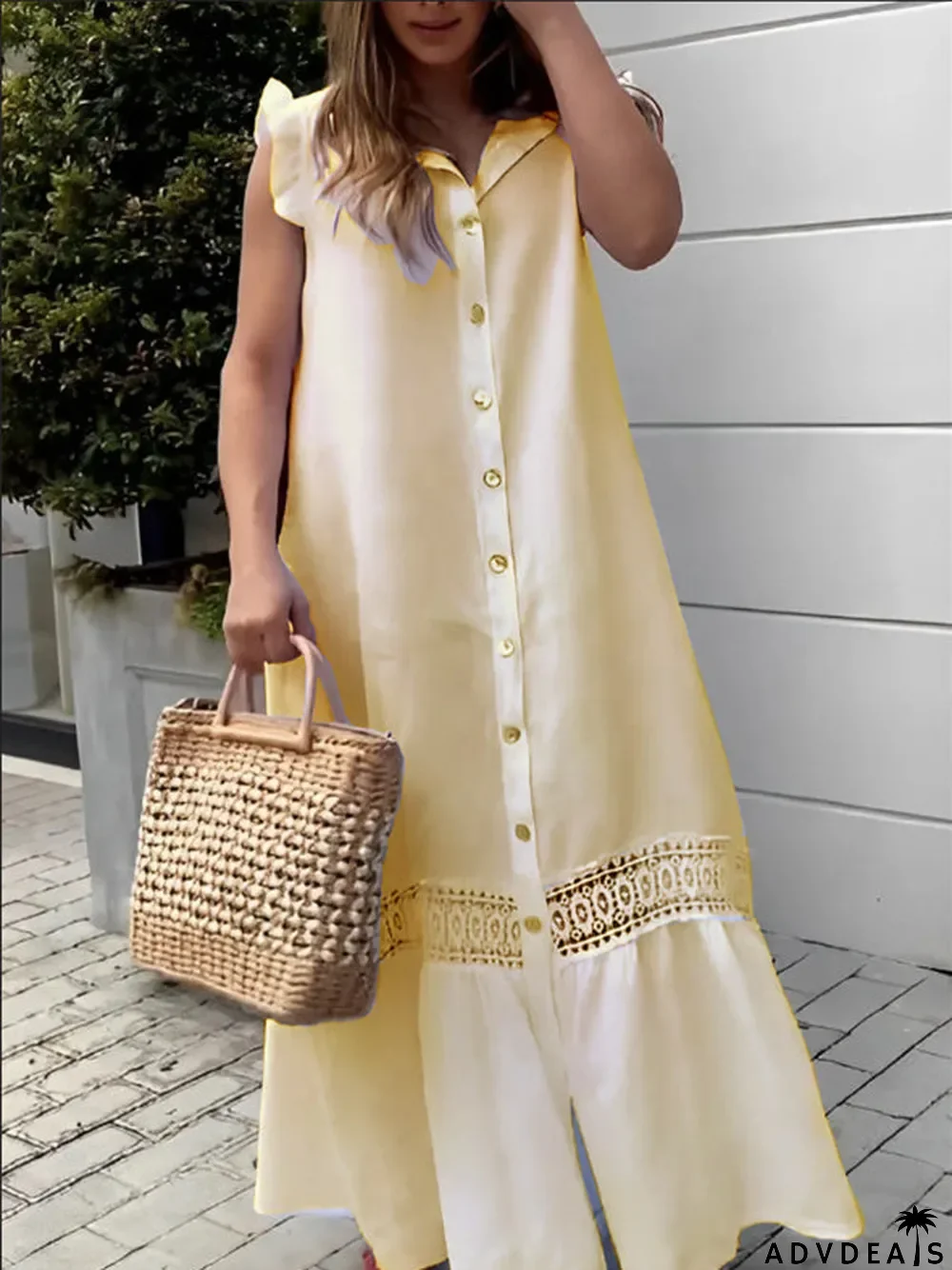 Women's Floral Hollow Button Solid Color V-Neck Sleeveless Maxi Dress