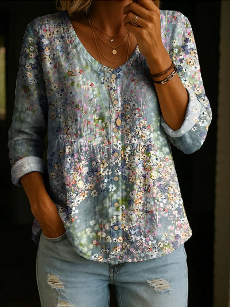 Women's Floral Pattern Art Print Casual Cotton Shirt
