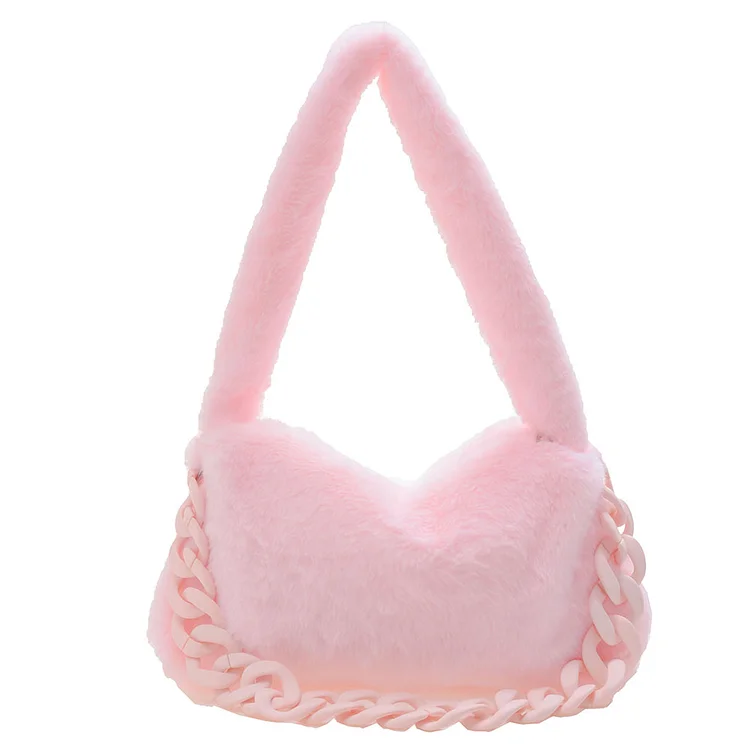 Women Plush Chain Tote Underarm Bags Soft Fluffy Casual Shoulder Handbags (Pink)