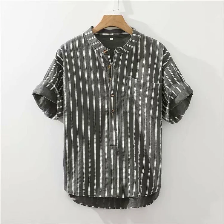 Men's Vintage Button Cotton Linen Stripes Casual Shirt