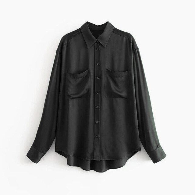 Women Vintage Satin Blouse Casual Solid Shirt 2019 Soft Turn Down Collar Office Shirt Long Sleeve Pocket Green Blouse Top Blusas