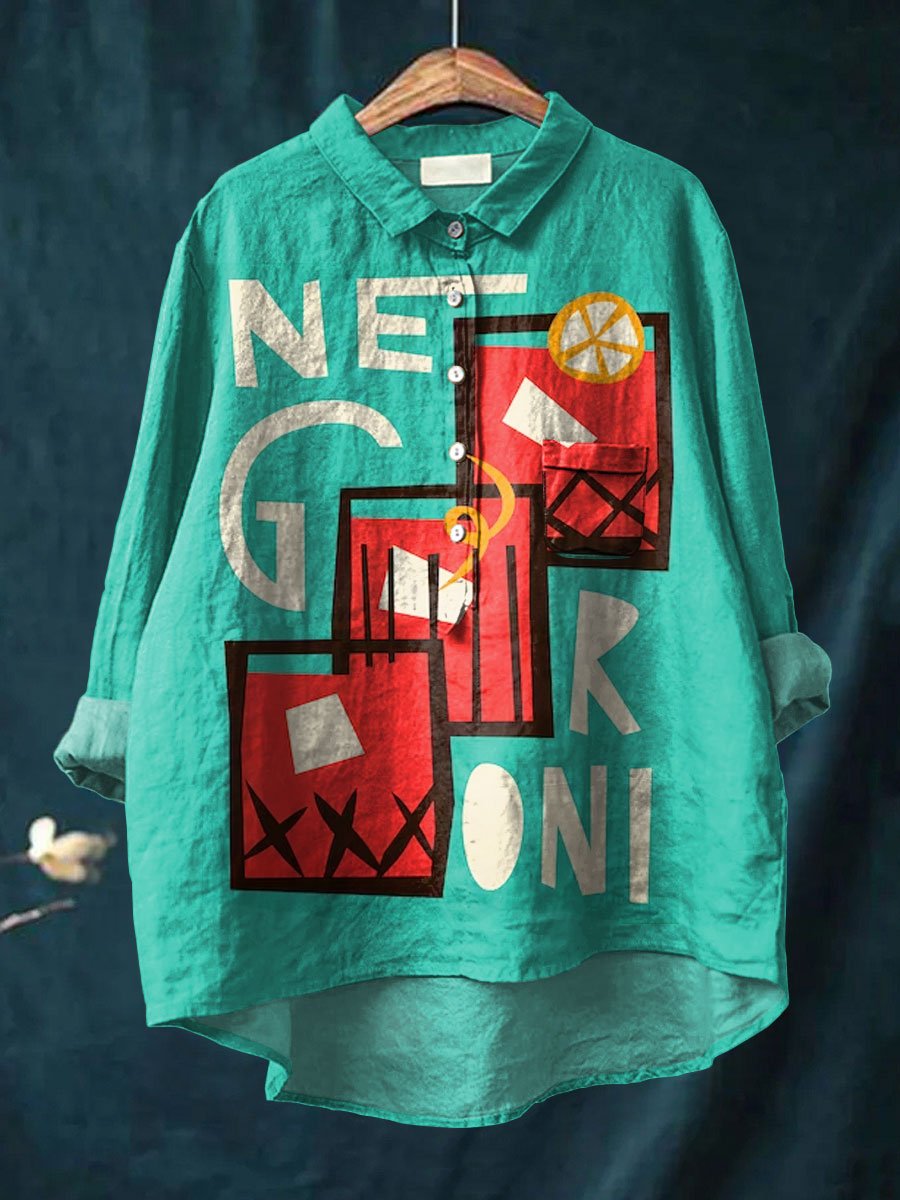Negroni Art Printed Women's Casual Cotton And Linen Shirt