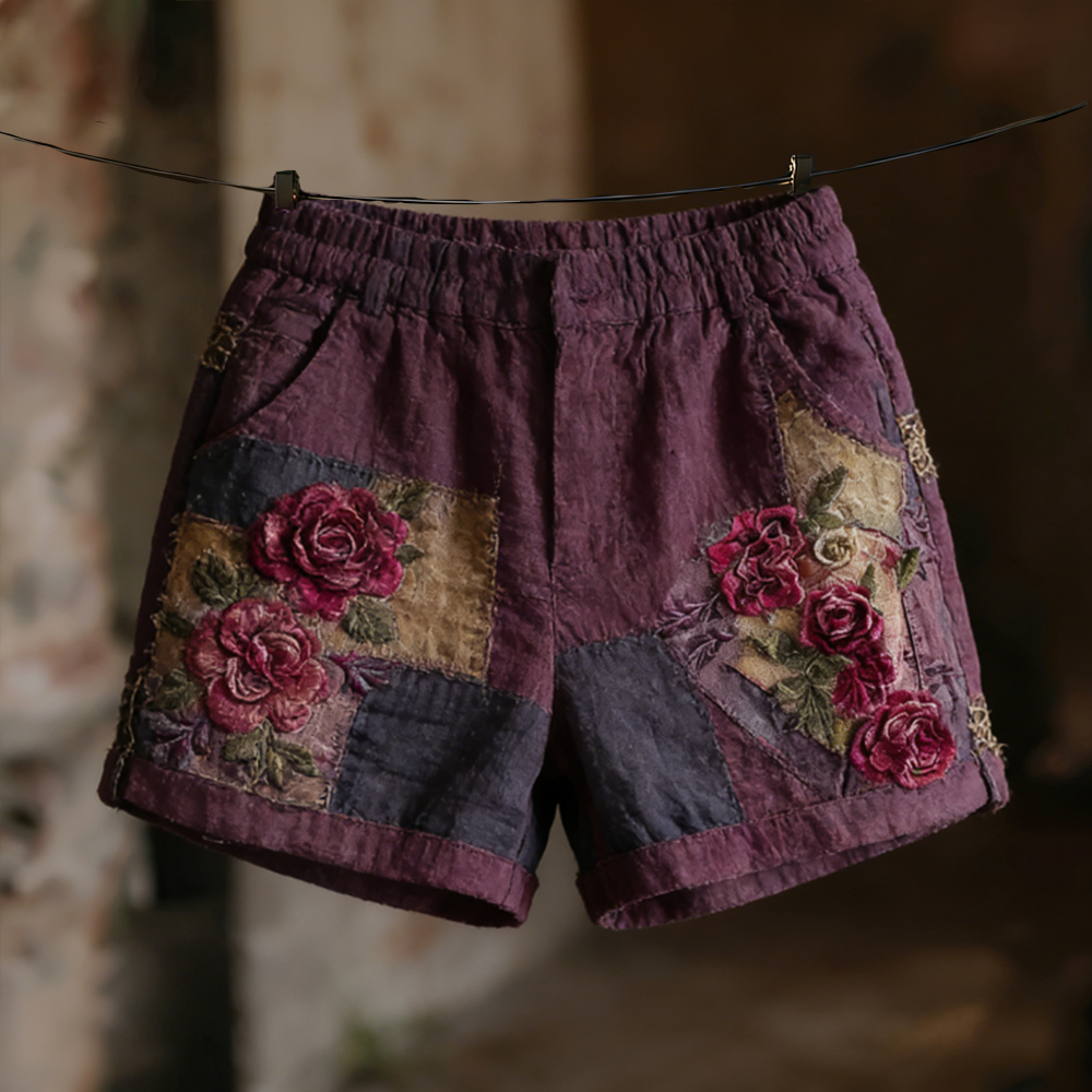 Vintage Faded Rose Woven Embroidered Purple Patchwork Cotton Linen Mini Shorts elevenforest