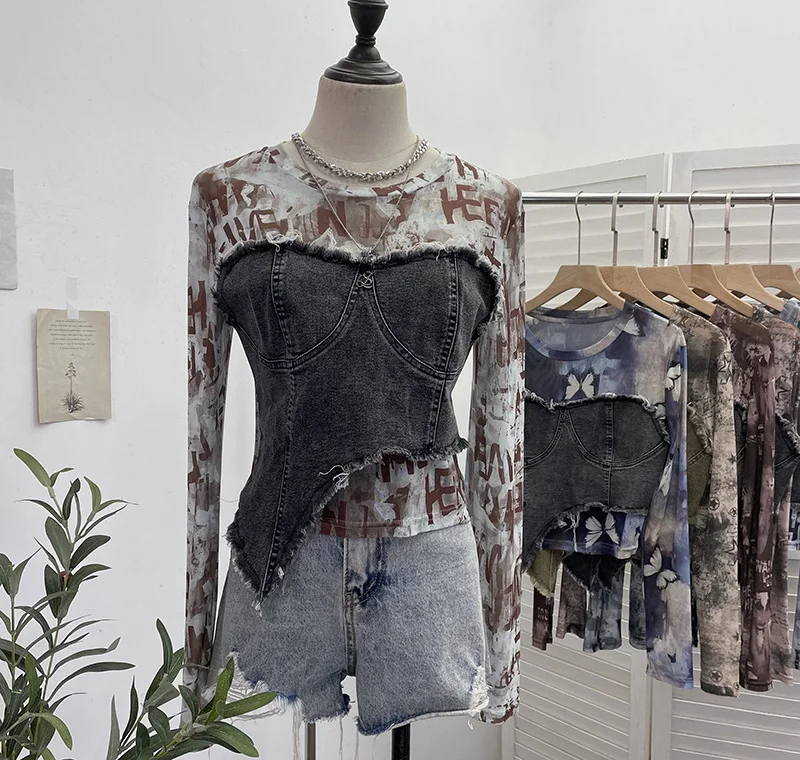 Churchf Solid Shooting Tie-Dye Print Spliced Denim T-Shirt Girl Autumn Design Sense Irregular Hair Side Short-Sleeved Top 2617
