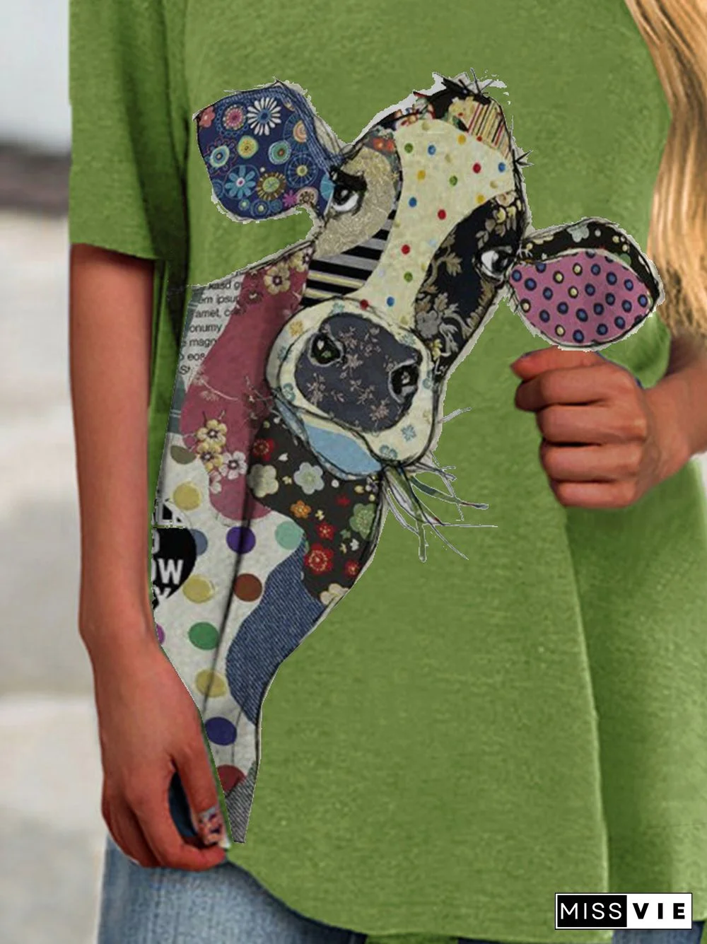 Women Crew Neck Green Casual Knitted Animal T-shirt