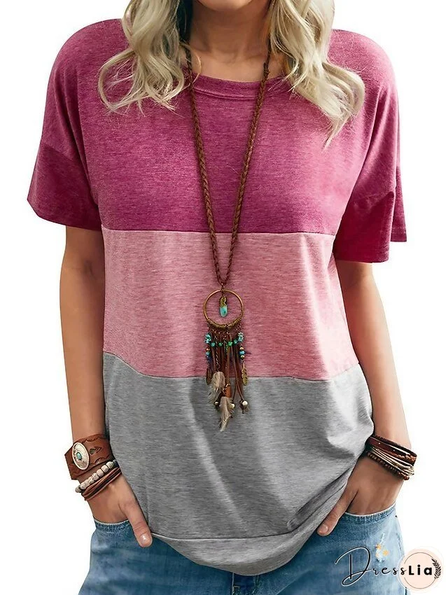 T shirt Tee Stripe Patchwork Basic Round Neck Summer White Rose Red Pink Gray Black for Women