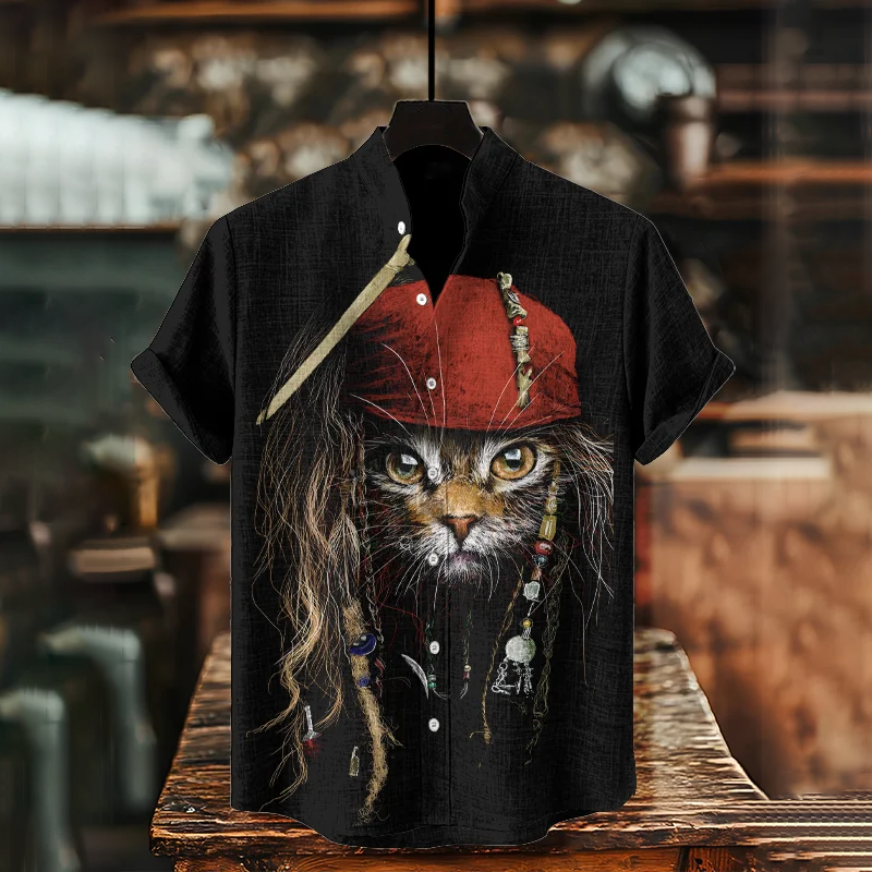 Men's Vintage Pirates Of The Caribbean Cats Art Linen Blend Cozy Shirt