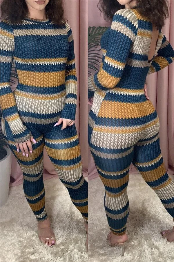 Fashion Casual Striped Print Skinny Jumpsuits