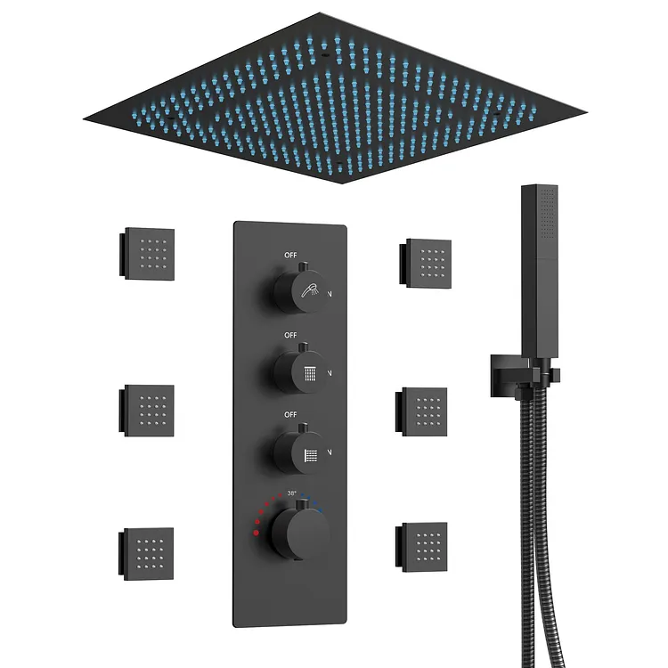 EVERSTEIN Thermostatic LED Rainfall Shower System in Matte Black, 20 In.