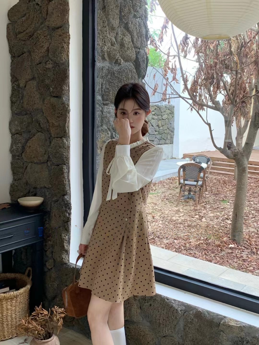 Early Autumn New Sle Aone Polka Dot Splice Chiffon Short Dress French Sle Loose Waist Sleeveless round Neck Back Zipper