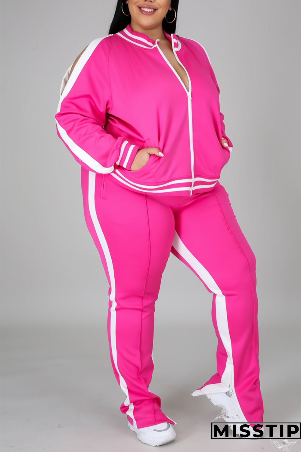 Black Fashion Casual Sportswear Zipper Collar Long Sleeve Regular Sleeve Patchwork Plus Size Set