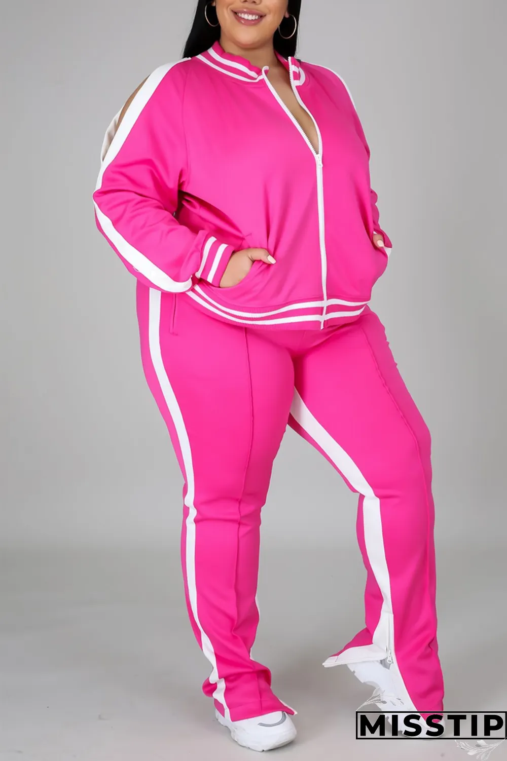 Black Fashion Casual Sportswear Zipper Collar Long Sleeve Regular Sleeve Patchwork Plus Size Set