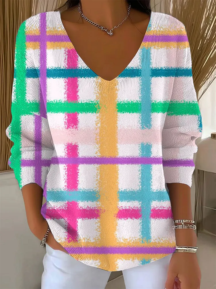 Women's Vintage Abstract Plaid Art Print Casual Pullover Sweater