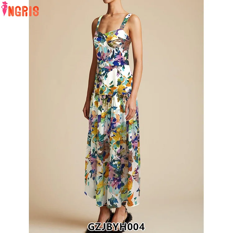2025 Summer New Elegant A-Line Women's Dress Long Commuting Strap Printed Breathable Chiffon Long Skirt Streetwear Top Ruched-GZJB004