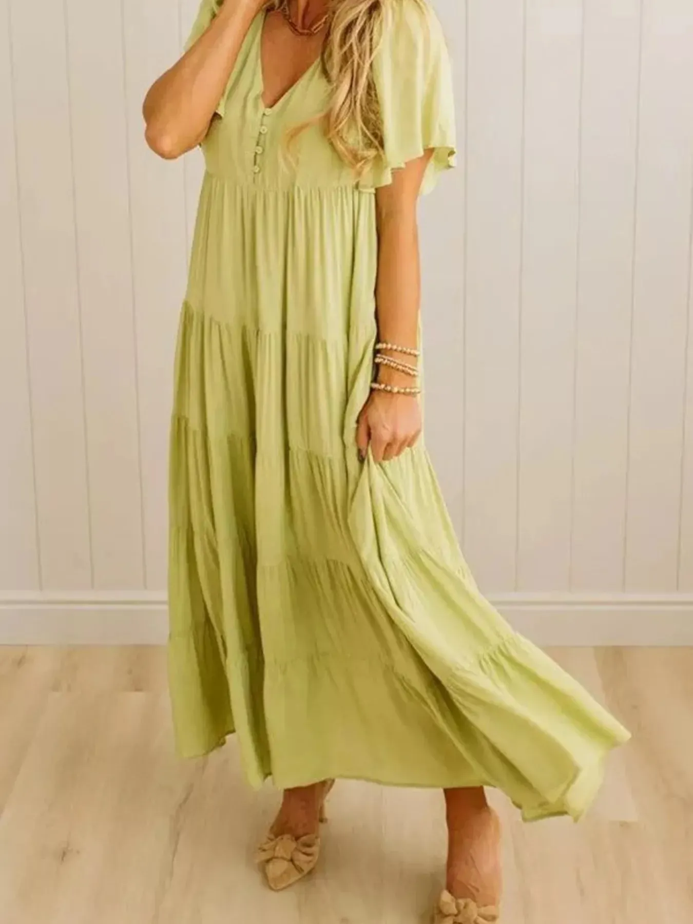 V-Neck Tiered Midi Dress mysite idetrend